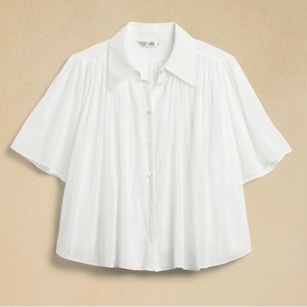Banana Republic Rosalie Cotton Silk Blend Short Sleeve White Loose Shirt